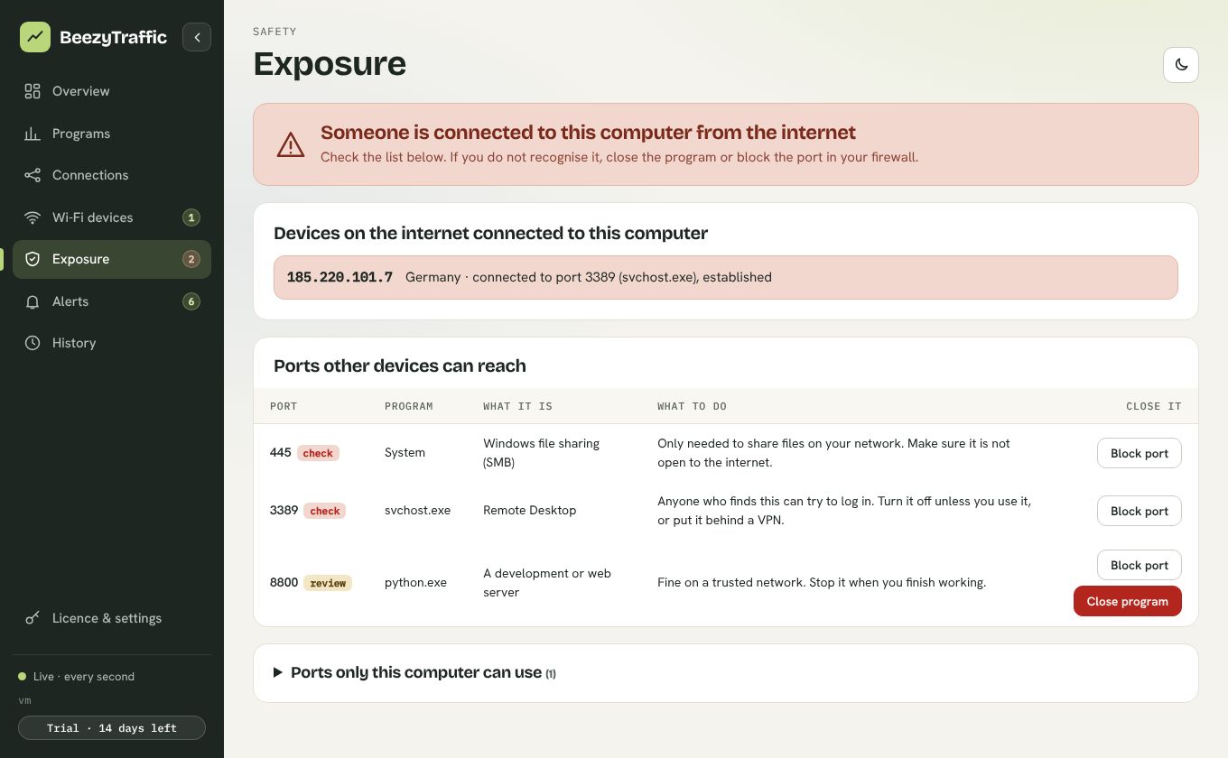 Exposure page showing a warning, the ports other devices can reach and buttons to block them